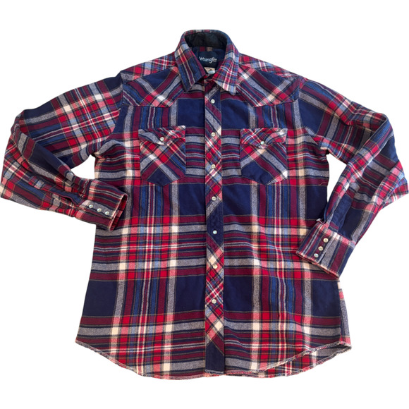 Wrangler Western Shirt Mens Large Tall Blue Red Plaid Flannel Pearl Snap Button - Picture 1 of 8